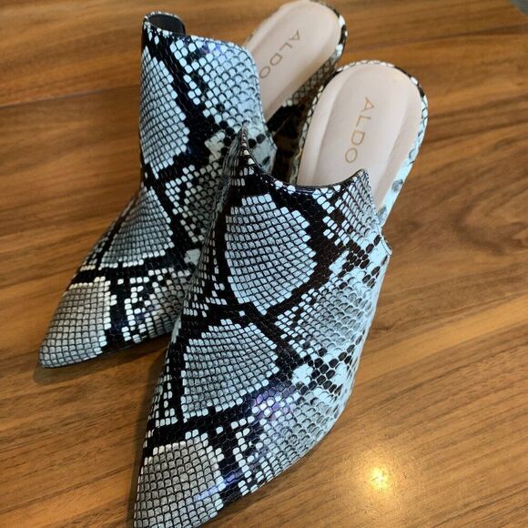 Aldo heeled mule, vegan python, new, sz 10, 4 1/2 in heel, high vamp, blk/wht - Picture 9 of 15